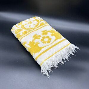 Vintage Floral Bath Towel Yellow White Fringe 1970s Sears USA Flowers Retro